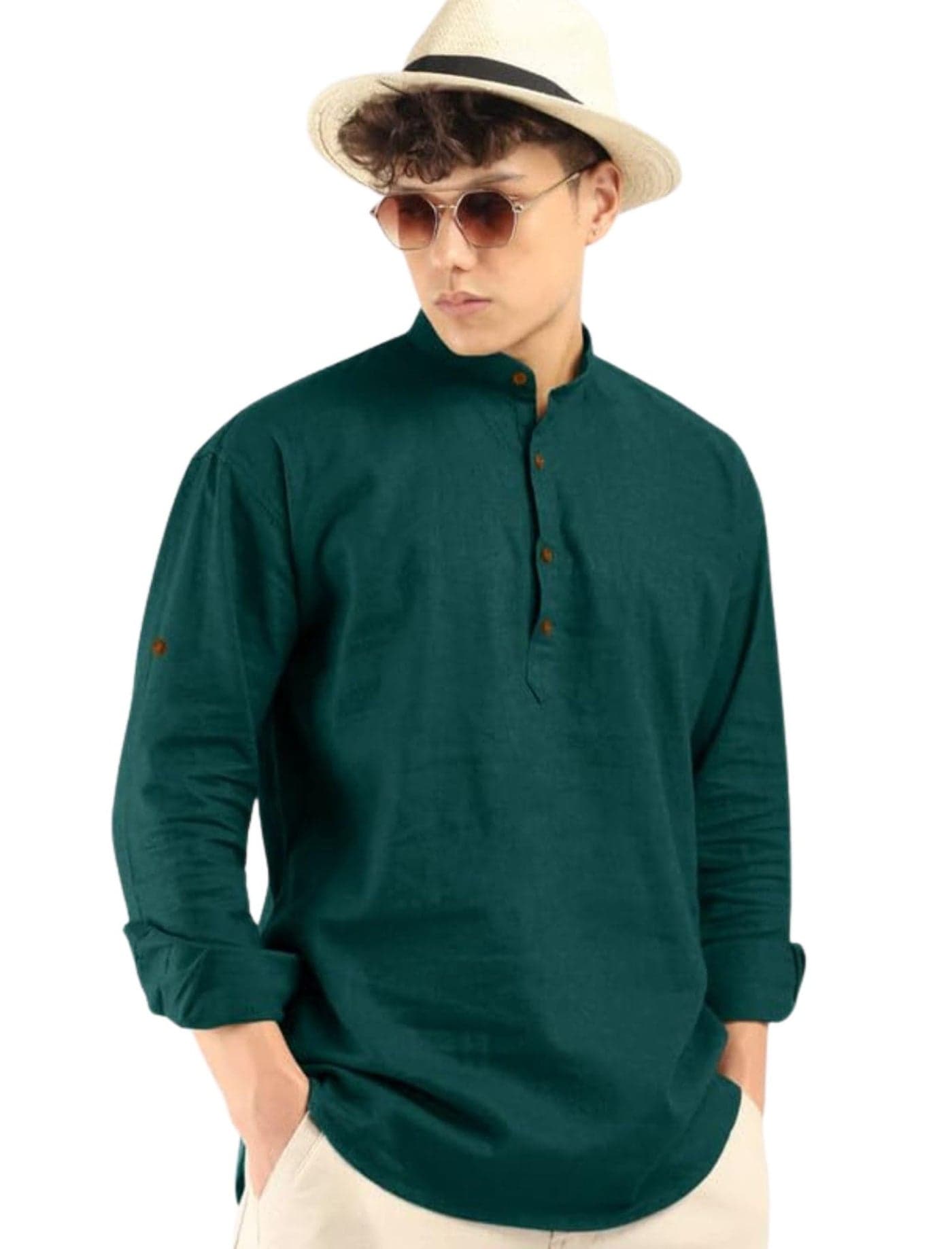 ROYALSCOUT Men's Cotton Polyester Blend Solid Regular Fit Full Sleeve Short Kurta Green