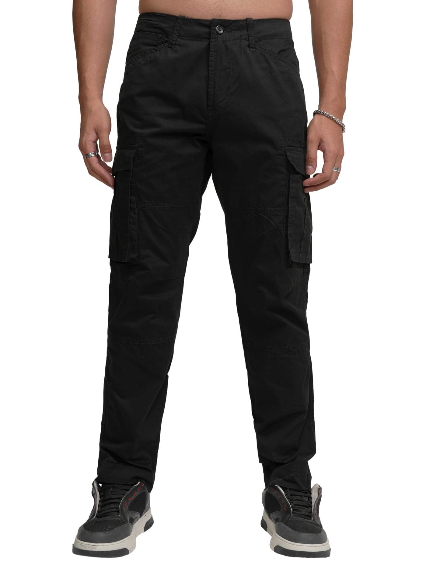 Highlander Men’s High-Rise Straight-Fit Cargo Trousers | Utility Pockets | Fashion & Function Blend Jet Black