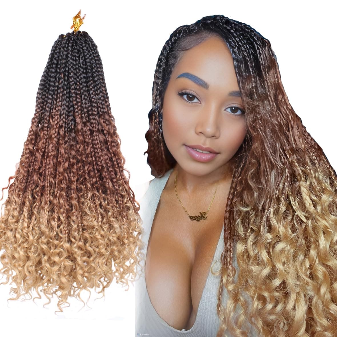 Beverlee 18 Inch Boho Box Braids 8 Packs Goddess Box Braids Crochet Hair Bohemian Hippie Braids Braiding Hair Box Braids with Curly Ends Messy Prelooped Synthetic Crochet Hair for Women 53