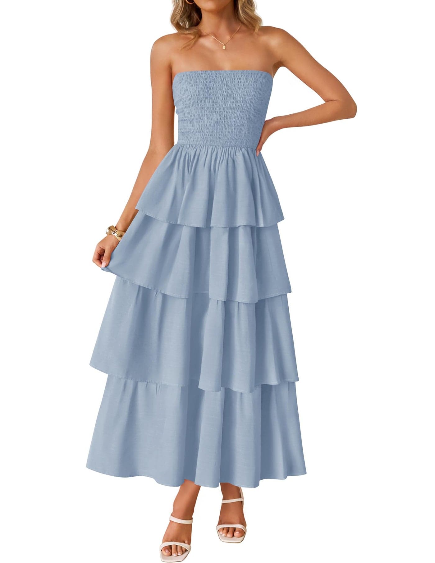 ZESICA Women‘s Summer Boho Strapless Maxi Dress 2025 Casual Sleeveless Off Shoulder Smocked Tiered Beach Long Sundress,Sky,Large