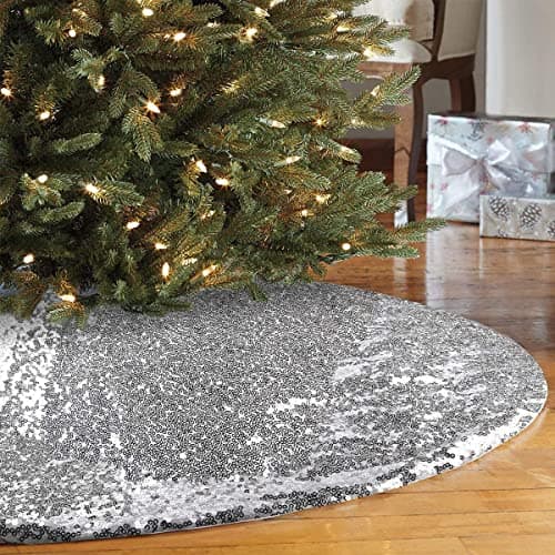 The Purple Tree Christmas Tree Skirt - 32 Inch Silver Premium Sequin Double Layered for Xmas Holiday Decorations (Pack of 1)