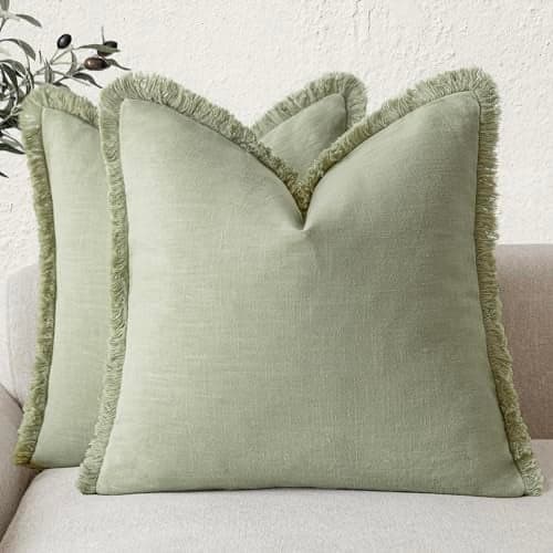 Foindtower Set of 2 Decorative Linen Fringe Throw Pillow Covers Boho Farmhouse Cushion Cover with Tassels Soft Accent Pillowcase for Couch Sofa Bed Living Room Home Decor,24×24 Inch,Light Sage Green