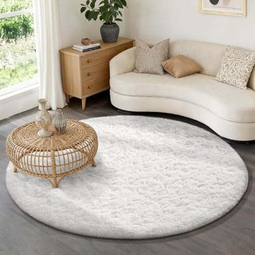 Ophanie Round Rug 6Ft White Circle Area Rug, Aesthetic Room Decor, Fluffy Fuzzy Bedroom Carpet, Plush Soft Shaggy Living Room Rugs for Kids Home Decor, Nursery