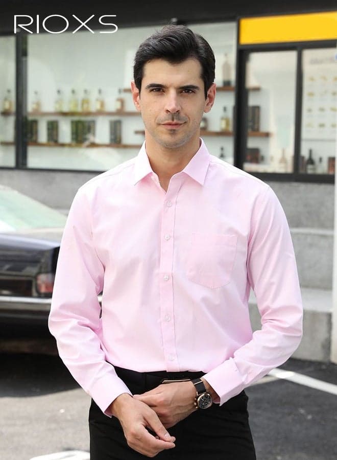 Men's Dress Shirts, Classic-Fit Button Down Collar Shirts, Long Sleeve Formal Shirts for Men, Wrinkle-Free Work Blouses Tops, Dressy Shirts for Business, Office, Meeting, Interview, Party, Wedding Dating Shirt, Pink Blouses with Front Pocket
