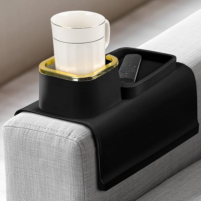 waqif Sofa Arm Tray Table Bamboo Couch Armrest Table with Cup Holder Over Arm Couch Side Tray for Remote Phone Glasses and Drinks Flexible and Foldable Design Black