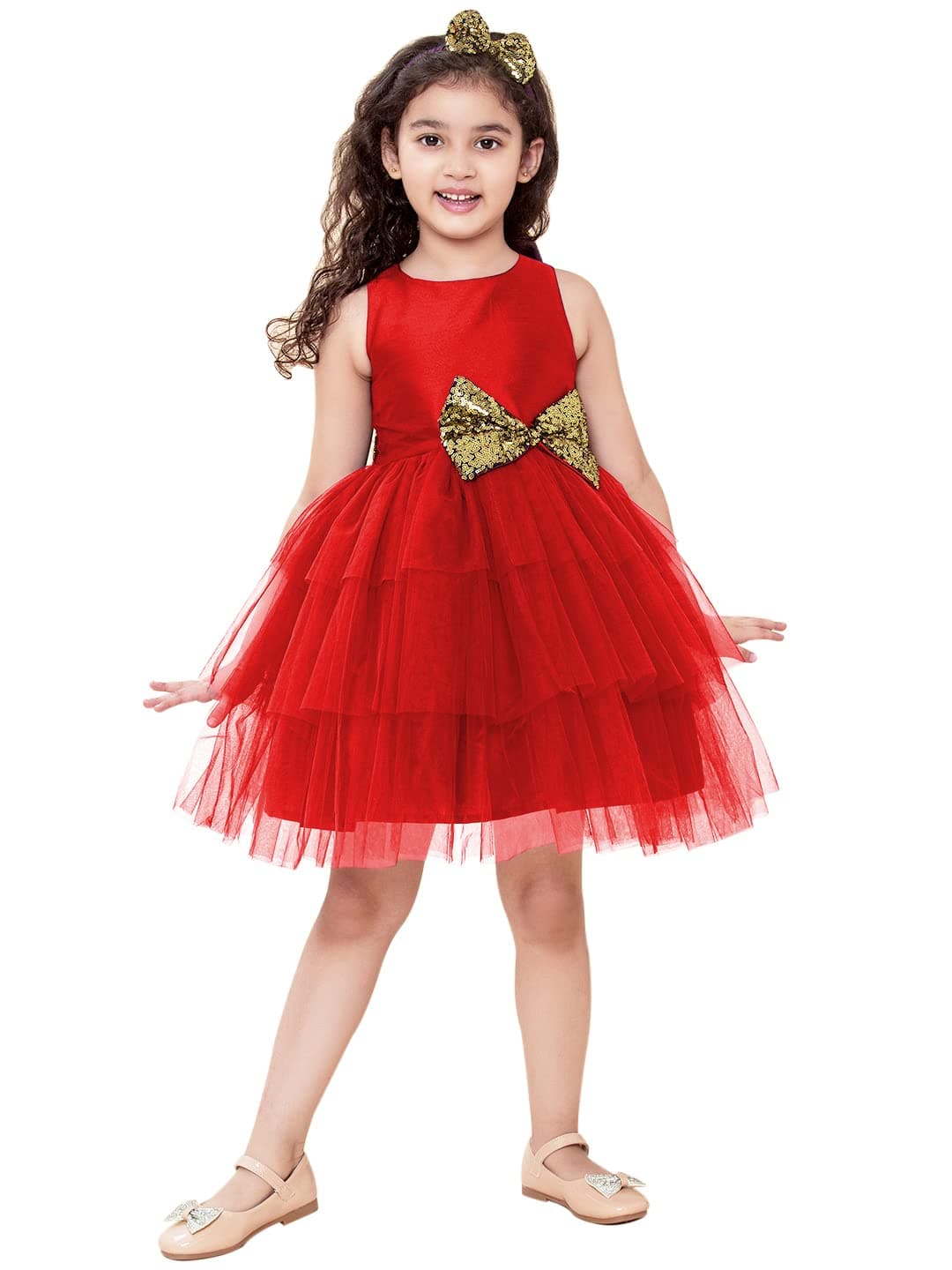A.T.U.N. (ALL THINGS UBER NICE) Girl's Fit and Flare Knee-Length Dress (Gdrs Kyh Rdg_7-8_Red, Gold_7-8 Years)