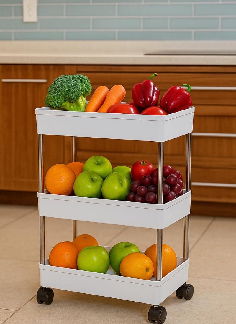Leaffybezz 3 Tier Slim Rack Shelf with Wheels-Plastic Trays with Stainless Steel Support-Kitchen Storage Trolley-Multipurpose Space Saver Organizer-Onion Potato Rack & Vegetables Stand(White Color)