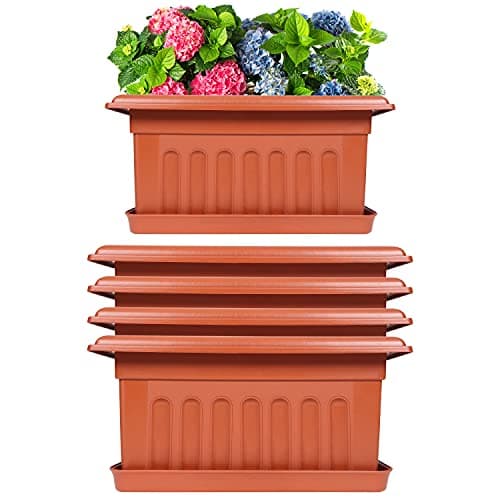 Livzing 16 Inch Plastic Rectangle Window Flower Pot with Drain Tray Set - Heavy Duty Highly Durable Plant Container Gamla for Indoor Home Decor & Outdoor Balcony Garden (Pack of 5, Terracotta)