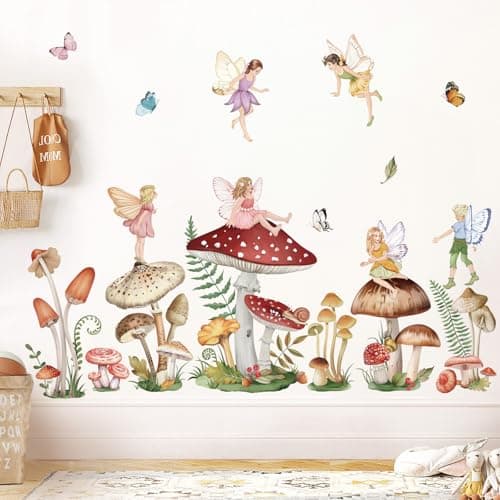 wondever Woodland Mushroom Wall Decals Fairy Butterfly Forest Peel and Stick Wall Art Stickers for Girls Bedroom Baby Nursery Living Room