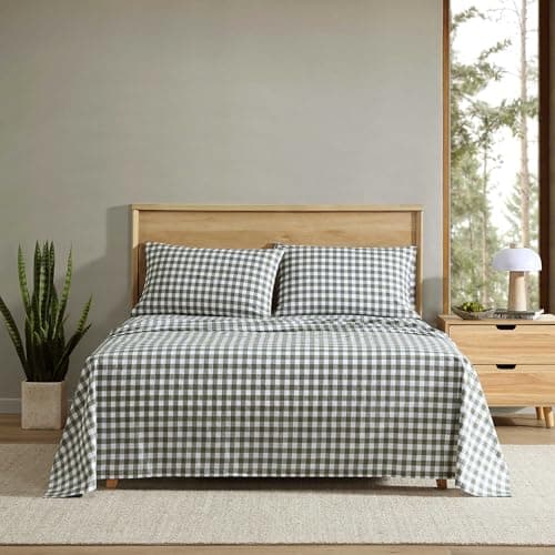 Eddie Bauer - Queen Sheet Set, Crisp & Cooling Sheets w/a Naturally Smooth Cotton Percale Lightweight Feel - Matching Pillowcases & Deep Pocket Fitted Sheet (Preston Check Green)