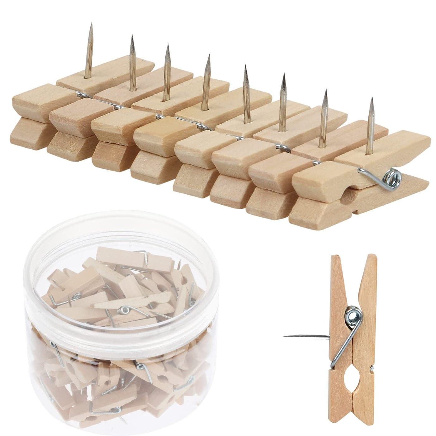 50 PCS Push Pin with Wooden Clips Durable Wooden Push Pins Decorative Pushpins Tacks Thumbtacks Tacks for Cork Board Artworks Notes Photos Craft Projects Offices and Homes