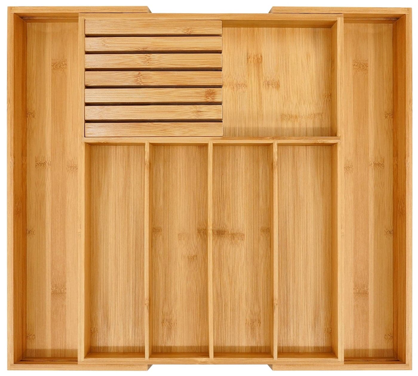 VaeFae Bamboo Silverware Drawer Organizer Kitchen, Expandable Utensil Organizer with Knife Block, Cutlery Tray with Divider, Multifunctional Wooden Drawer Organizer