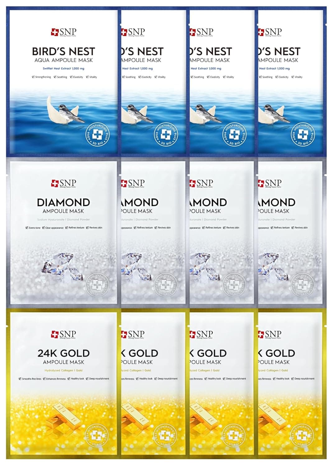 K Beauty Snp Variety Ampoule Sheet Mask Set Birds Nest 24K Gold and Diamond Face Mask Hydrating Moisturizing Nourishing for Sensitive Facial Skin Korean Face Masks Skincare 12 Sheets