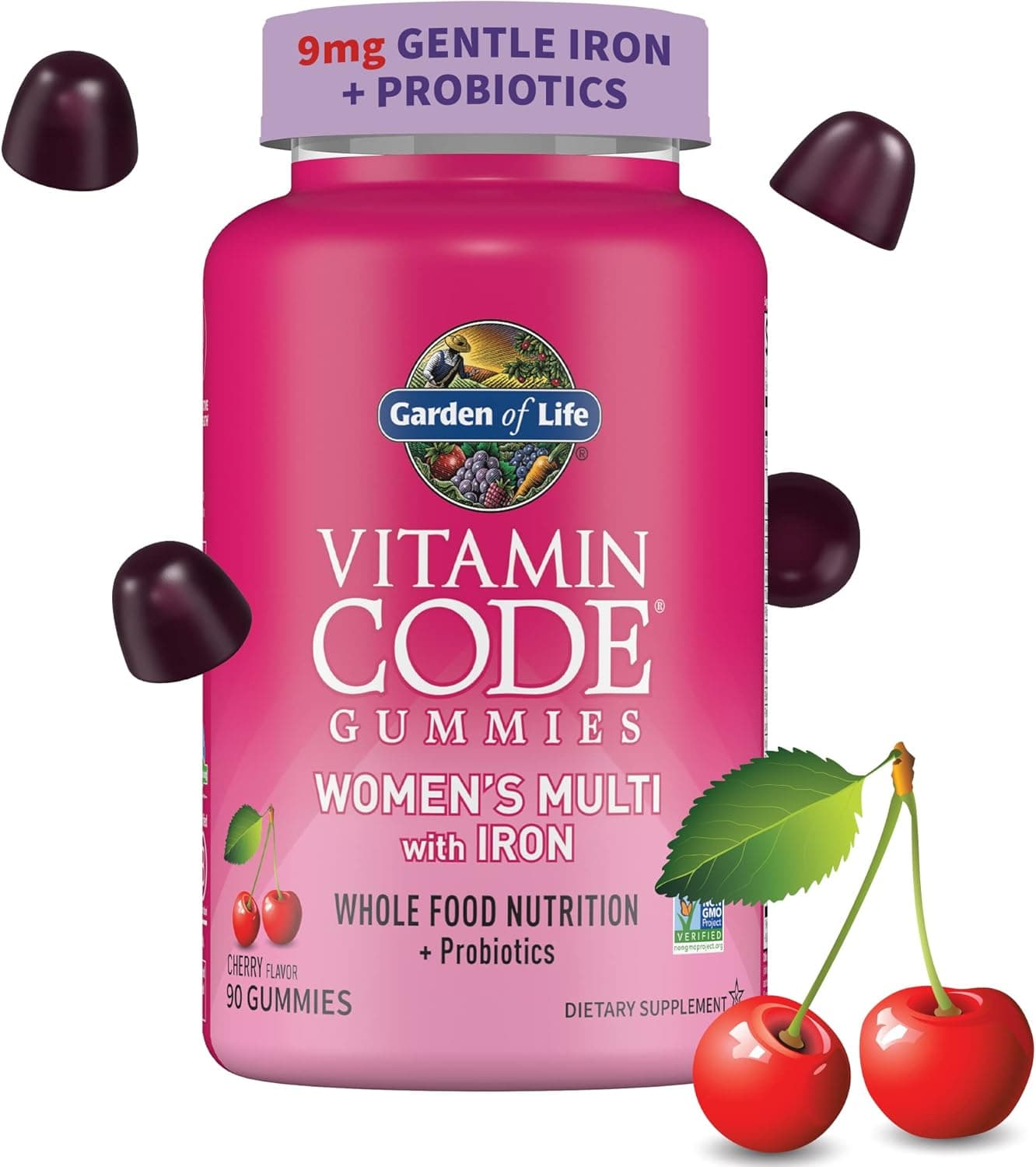 Garden of Life Vitamin Code Womens Multivitamin Gummy with Iron Folate Biotin D3 B12 for Hair Skin Nails Probiotics for Immune Health Digestion NonGMO GlutenFree 90 Cherry Gummies