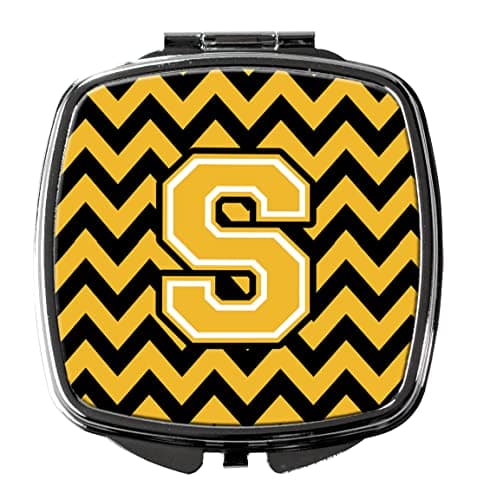 Caroline's Treasures CJ1053-SSCM Letter S Chevron Black and Gold Compact Mirror Decorative Travel Makeup Mirror for Women Girls Gifts Pocket Makeup Mirror Folding Handheld