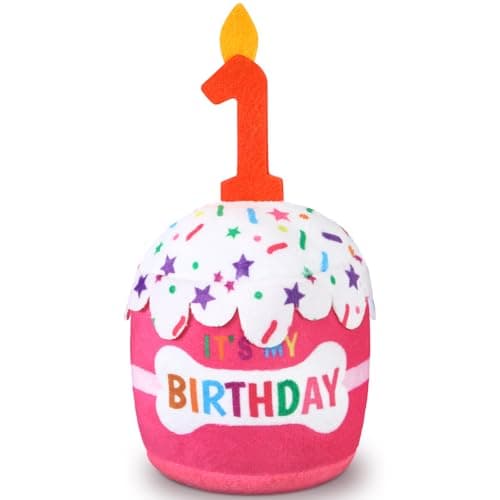 Dansydaisy Dog Birthday Cake Toy Accessories for Girl Boy Gifts, Squeaky Plush Toy for Dog Birthday Party Decor Favor for Large, Medium and Small Dogs(1st,Pink)