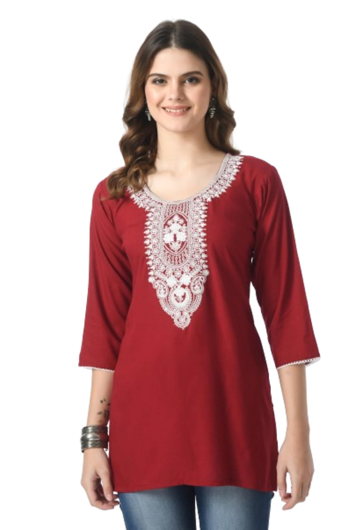 LIBOZA Short Kurti Lakhnowi Chikankari Embroidered Ladies Rayon Straight Fit Kurta, Stylish Girls Top For Woman, 2XL