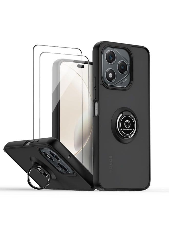 Honor 400 Lite 5G Shockproof Bumper Case with Ring Holder Matte Translucent PC and TPU Protective Cover Includes Two Tempered Glass Screen Protectors