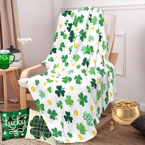 St Patricks Day Blanket Shamrock Flannel Throw Blanket 60x50 Clover Lucky Gift for Adult and Kids Decorative Blankets Funny Super Soft Cozy Blanket