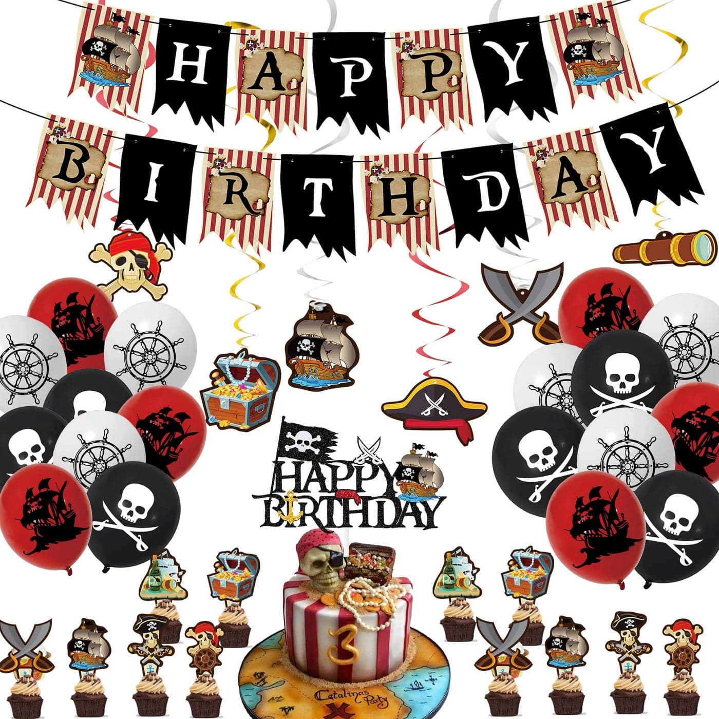 Birthday Decorations - Pirate Party Decorations Pirate Birthday Decorations for Men, Boys, Kids, Him, Happy Birthday Banner Balloons Cake Toppers Hanging Swirls Pirate Themed Party Supplies