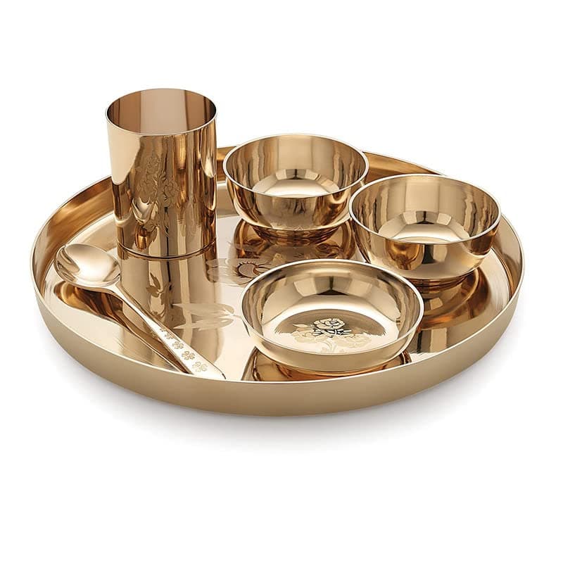 RBHMC Bronze Master Pure Kansa Bronze Finish Flower Design Dinner Thali Set 6 Pics Traditional Bhojan Set | 11.5 Inch Plate | Ayurvedic Dining Set (Weight 1600g)