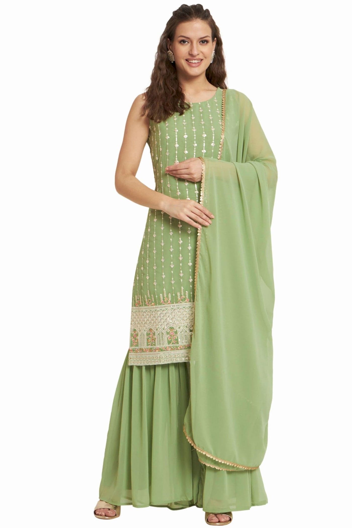 SHOPPING QUEEN Women's Georgette Straight Kurta Sharara Set with Dupatta (A504_Pista_XL)