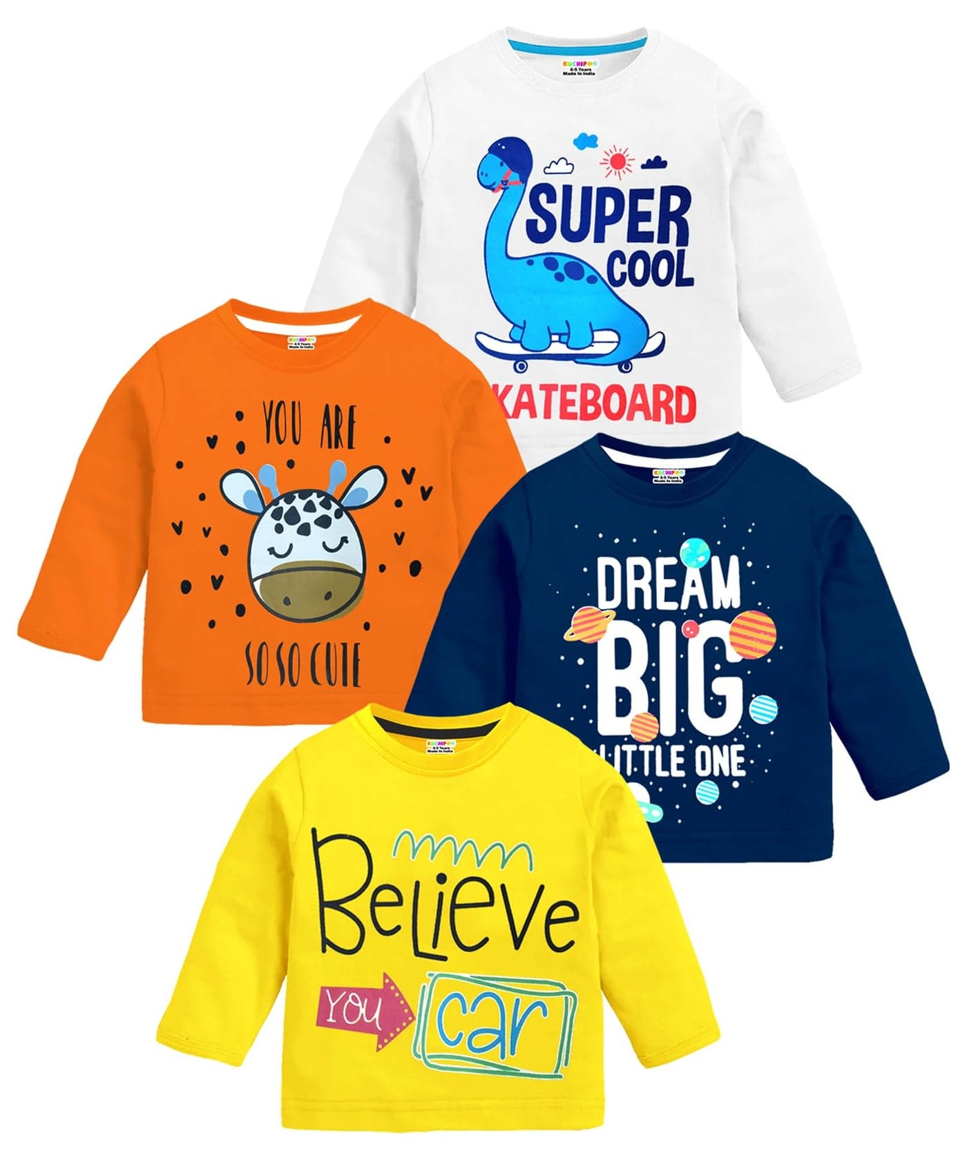 Kuchipoo Boys Regular Fit Full Sleeves Cotton T-Shirts (KUC-TSHRT-496, 6-7 Years, Multi-Colored)