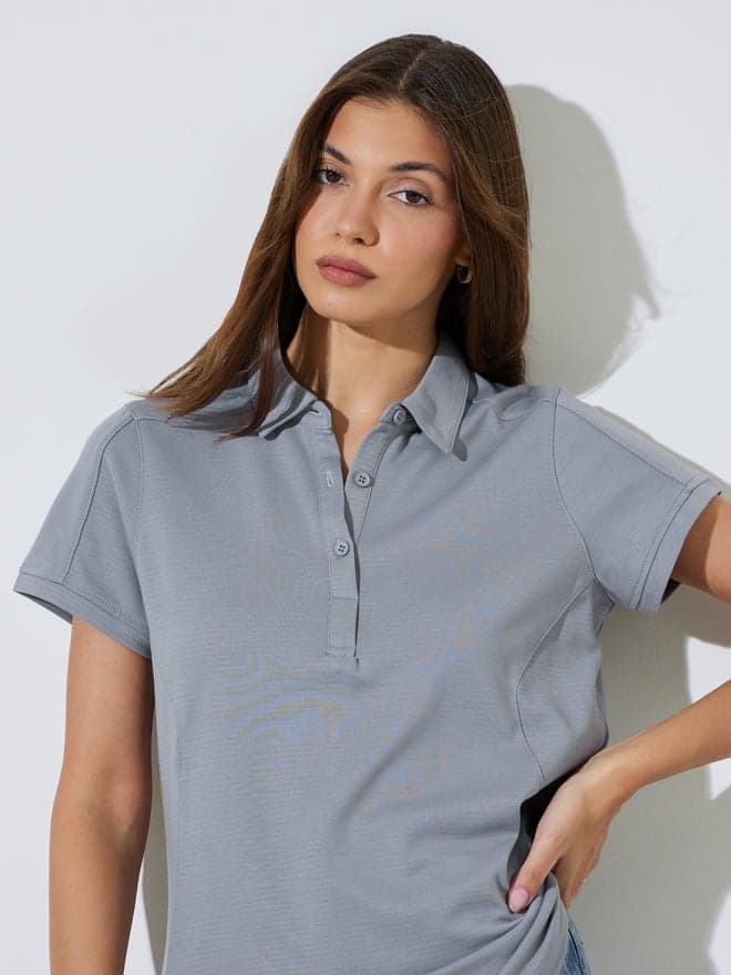 Styli Grey Solid Longline Polo T-Shirt — M