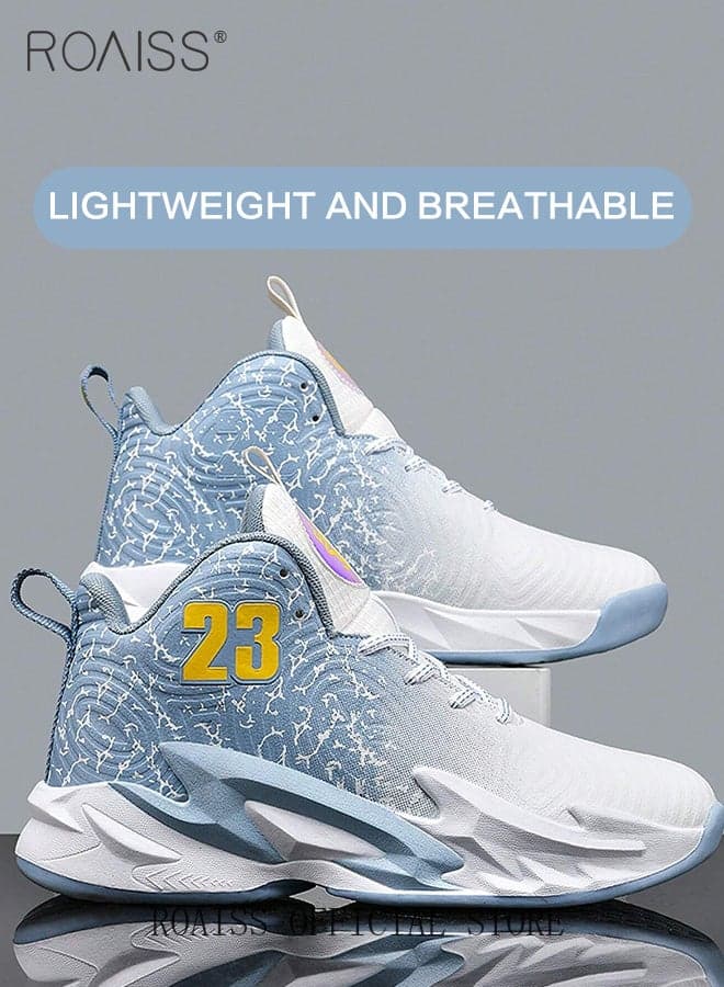 Men Stylish High Top Sneakers, Lightweight Breathable Basketball Shoes for Men and Boys, Lace up Non Slip Sports Shoes, Shock Absorbing Athletic Shoes with Soft Lining, Suitable for Daily Wear, Running and Outdoor Activities Blue