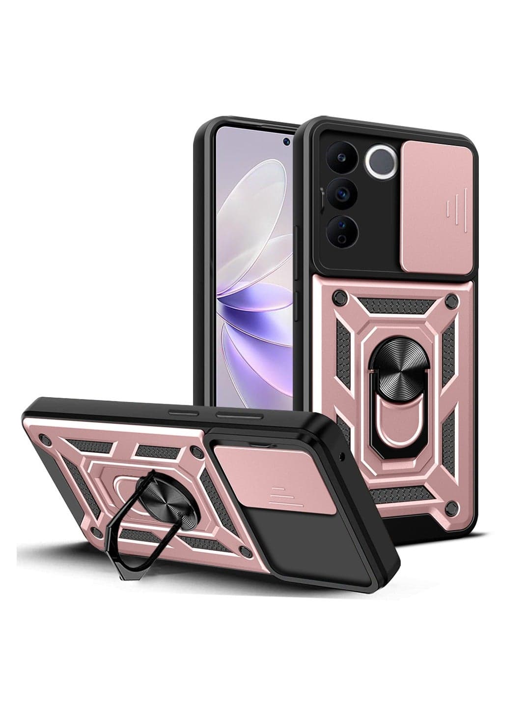 vivo V27 5G/V27 Pro 5G Mobile Phone Case Cover, Slide Camera Lens Cover + 360°Rotating Kickstand Ring + Bumper Shockproof Phone Case