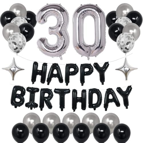 NANINUNENO 30th Black Silver Birthday Party Decorations for Men Women Happy 30 Birthday Party Supplies with Black Happy Birthday Banner30 Number Balloons Silver Foil Stars Happy Birthday Balloons for 30th Birthday
