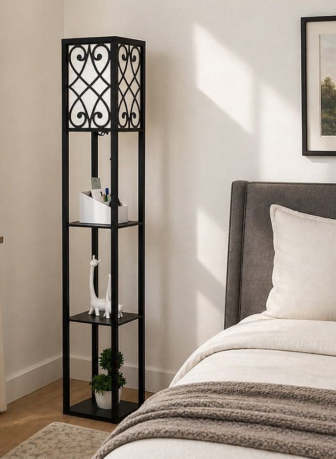 Modern Floor Lamp with Shelves, 3-Tier Display Shelf Lamp with E27 Base, Standing Corner Lamp with Pull Chain, Multi-Purpose Storage Lighting for Living Room, Bedroom, Office