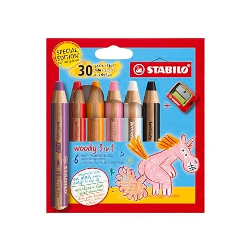 STABILO woody 3in1 MultiTalented Pencil Pack of 6 Birthday Edition Unicorn Assorted Colours with Sharpener