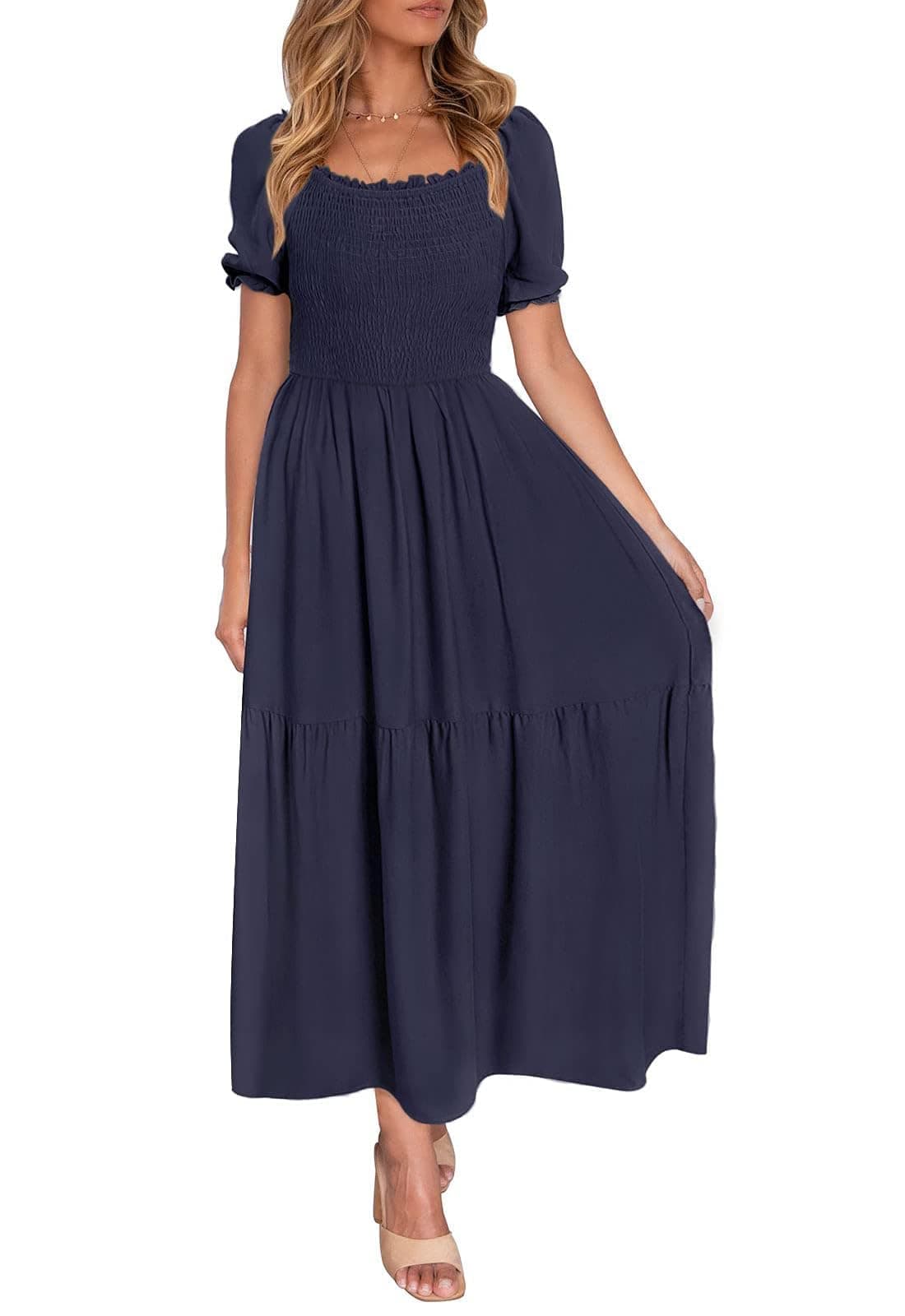 ZESICA Womens 2025 Summer Boho Floral Print Square Neck Ruffle Swing Beach Long Maxi DressNavyBlueLarge