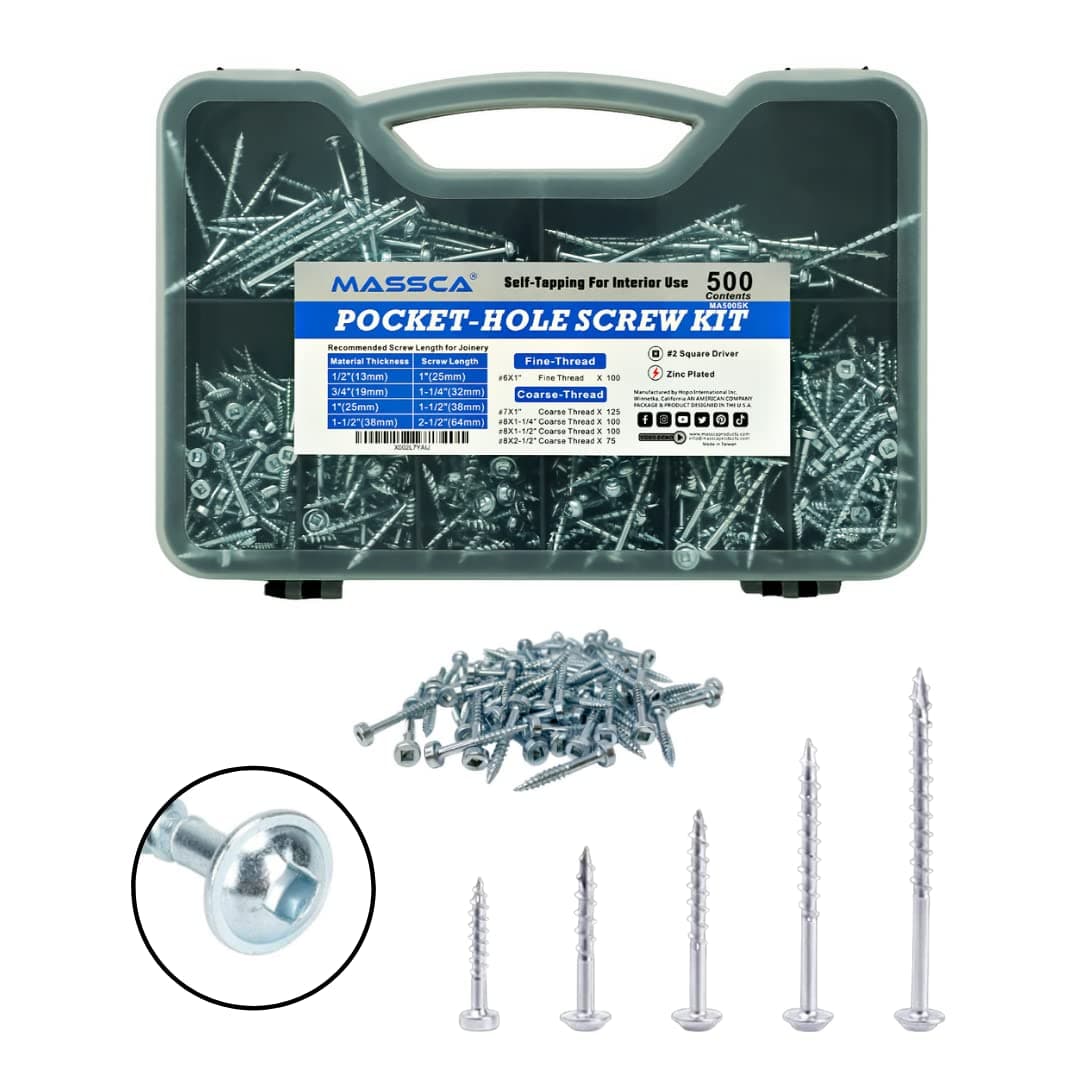 Massca Wood Screws Assortment Kit Pocket Hole Screws with Plastic Storage Box 500 Set Screw Assortment Kit Heavy Duty Fine Thread Zinc Plated Set Screws for Woodworking Varying Lengths