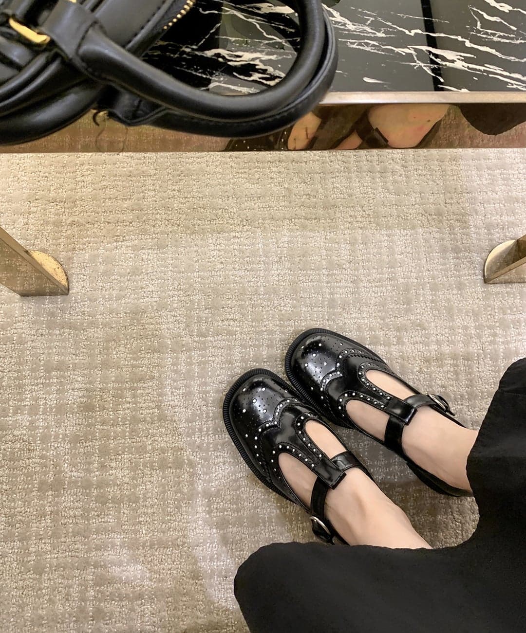 【Same Style As Su'S Family】Miu Series College~Baroque Carved Chunky Heel T-Strap Loafers Women'S Leather Shoes