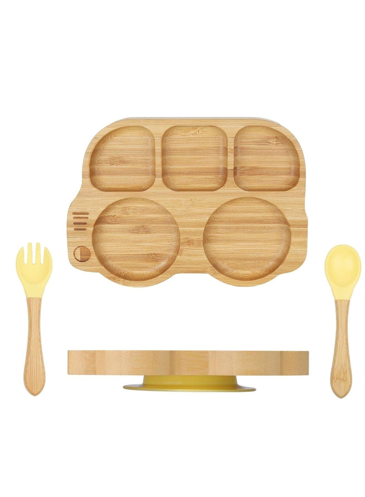 Toddler Bamboo Plate with Suction, Set Spoon Fork, Car Shaped Design Divided Plate, BPA FREE, Yellow