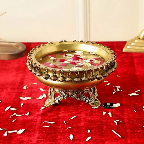 Jaszz Art Brass Urli Bowl With Bells | Ethnic Design Pot For Home Decor Temple Room, Gift,(8.2 Inches, 1.9Kg, Golden Yellow), 3 Kilogram