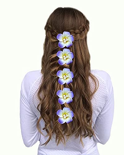 Hair Flare Champa Flower Hair Pin/Women Artificial Frangipani or Plumeria Flower Hair Accessories and JudaPin- Blue, 2233, Pack of 5 pins