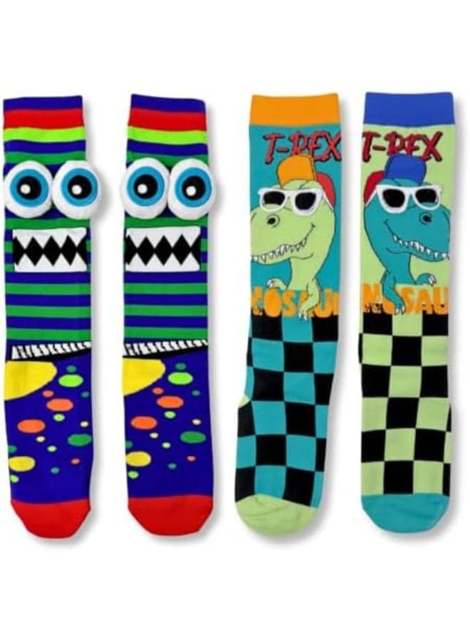 Kids 2-Pack 3D Monster & T-Rex Knee-High Socks – Fun Novelty Character Socks with Plush Eyes – Soft, Colorful & Comfortable Socks for Boys & Girls