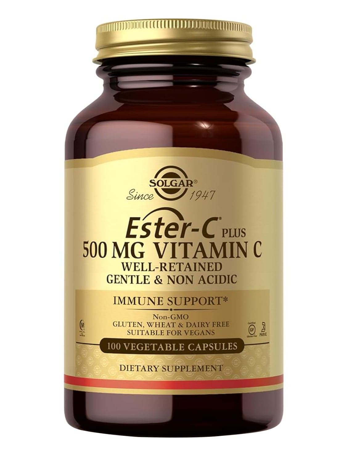 Ester-C Plus 500 Mg Vitamin C Gentle And Non Acidic Immune Support Gluten, Wheat And Dairy Free Suitable For Vegans 100 Vegetable Capsules