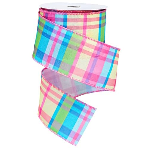 FYSUIMU Colorful Plaid Wired Edge Ribbon 25 Inch Spring Easter Pastel Craft Ribbon Candy Color Plaid Fabric Ribbons for Basket Bow Wreath Gift Wrap Party Home Decor 10 Yards