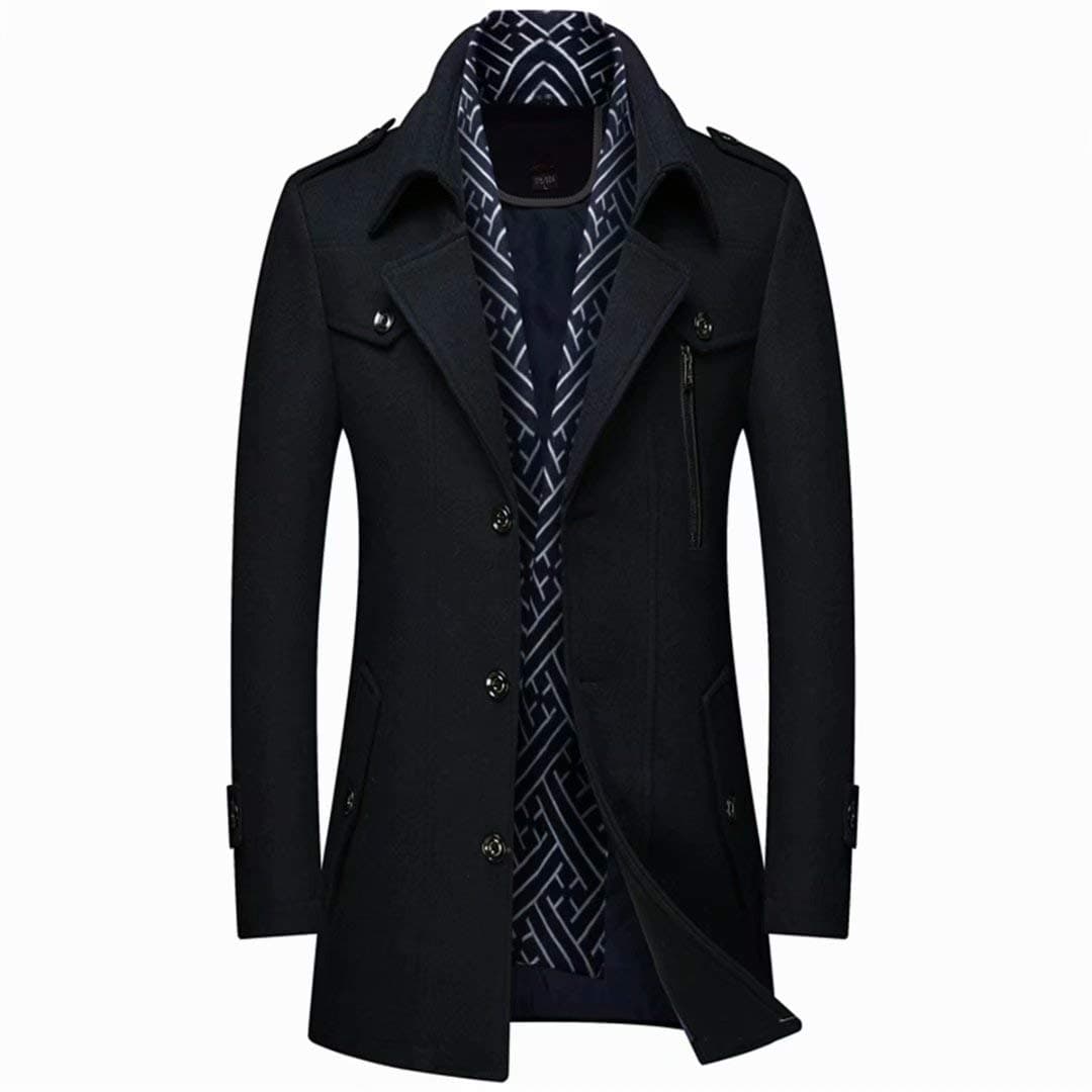 INVACHI Mens Wool Blend Coat Warm Winter Trench Coat with Detachable Soft Scarf Single Breasted Overcoat