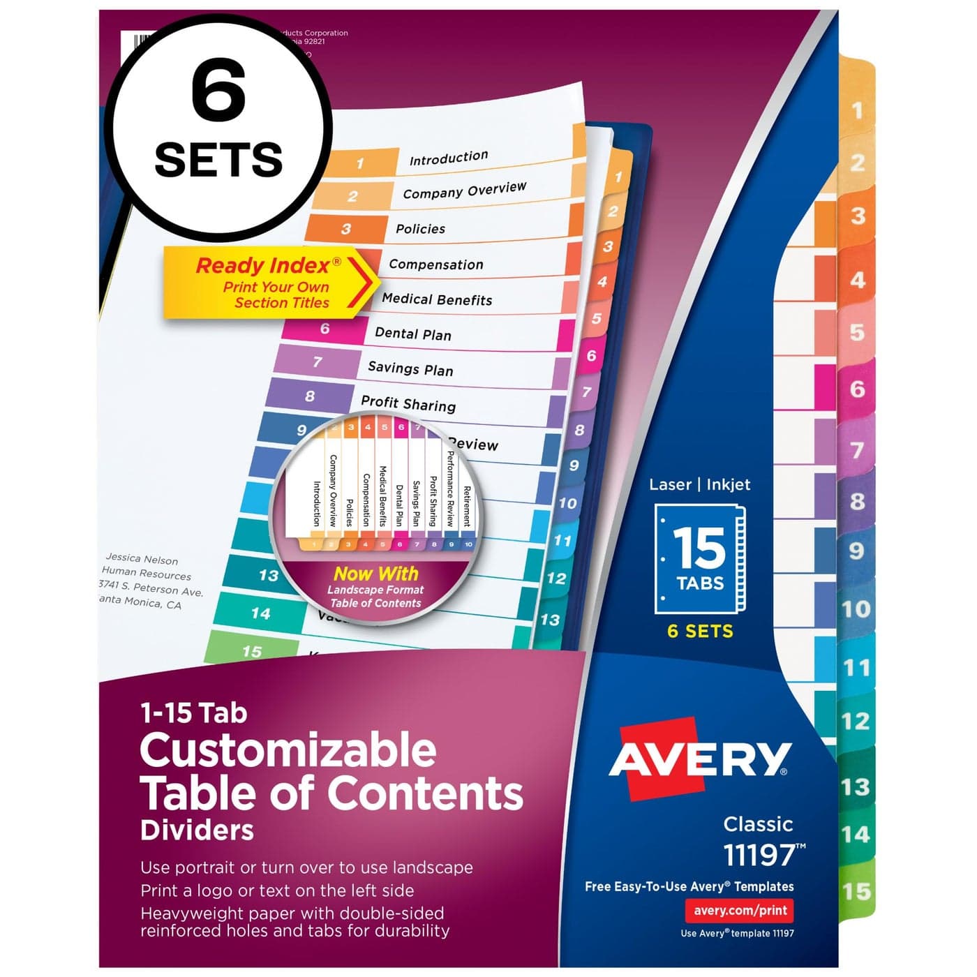 Avery 15 Tab Dividers for 3 Ring Binders Customizable Table of Contents Multicolor Tabs 6 Sets 11197