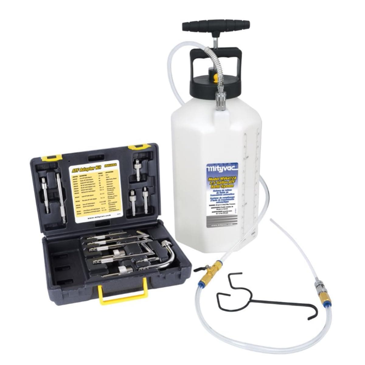 Mityvac MV6412A ATF Pneumatic Sealed Automatic Transmission Refill System Integrated Manual Pump 25 Gallon 10Liter Flow Control Valve QuickChange Connection Integrated Pressure Relief Valve