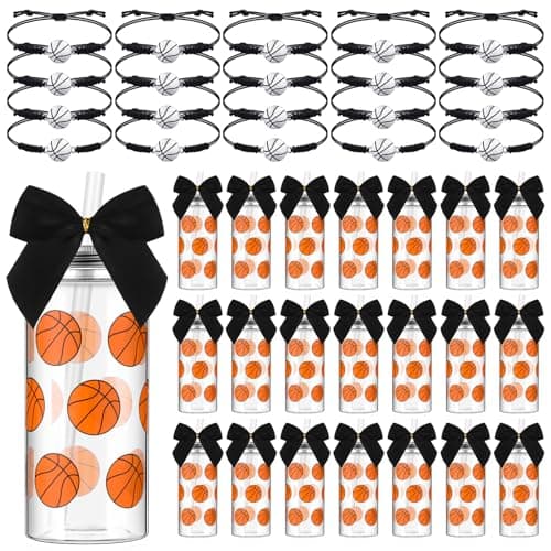 Skylety 20 Set Basketball Senior Night Party Favors 20 Pcs 13.5 oz Plastic Reusable Tumbler Cups with Lid and Straw 20 Pcs Bracelets for Basketball Team Senior Night Gifts Sports Party Decoration