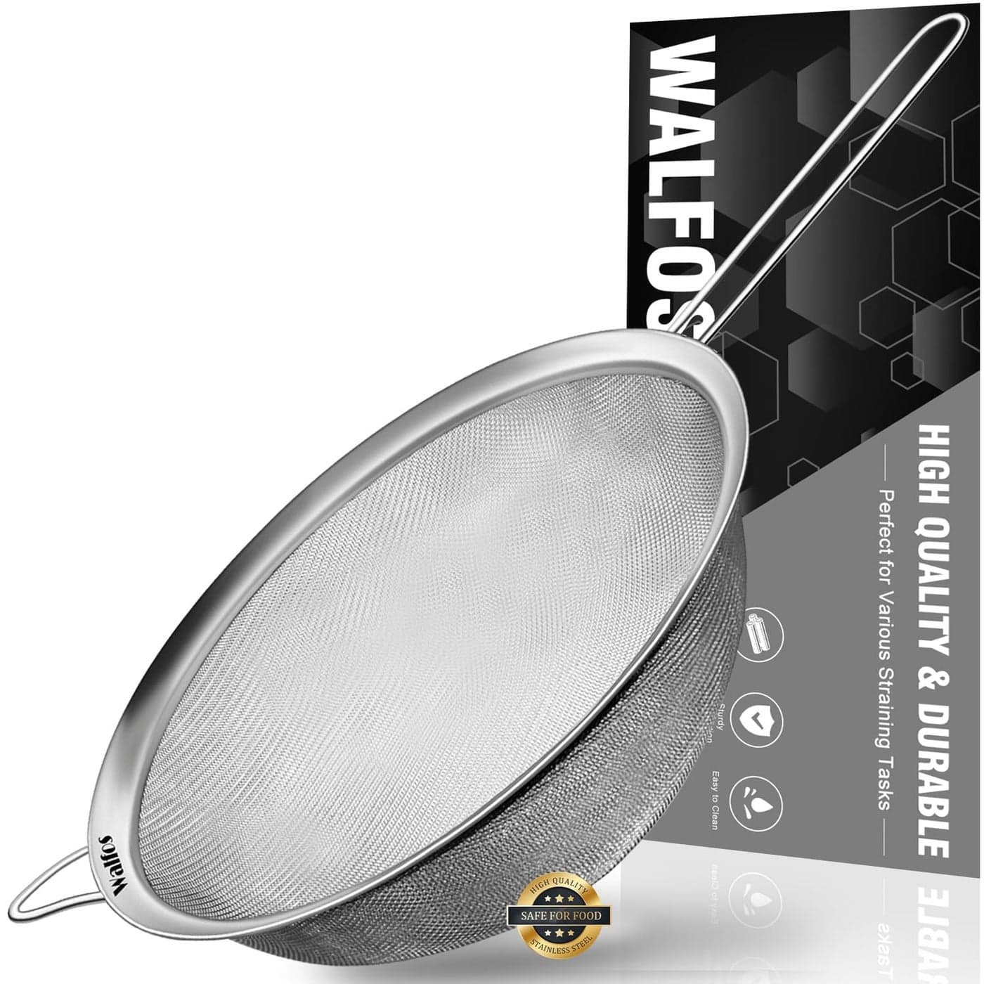 Walfos Fine Mesh Strainers Premium Stainless Steel Colanders and Sifters with Reinforced Frame and Sturdy Handle Perfect for Sift Strain Drain and Rinse Vegetables Pastas and Tea24cm