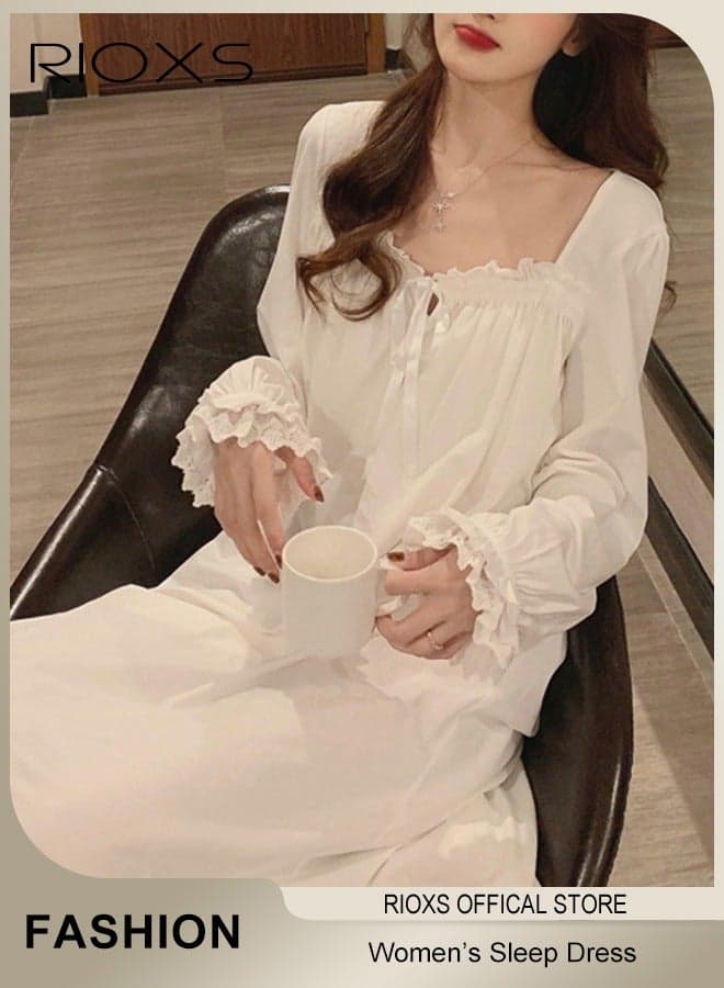 Women's Long Dress, Leisure Dresses With Lace Trim, Soft Comfortable Pajama Dress, Ladies Relaxed Fit Dresses, Loose Dresses As Sleepwear Or Everyday Casual Wear, Ladies Nightgowns With Lasticband Narrow Cuffs, Ankle Length Dress For Beloved/ Families/ Friends