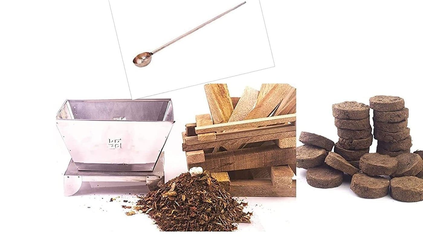SHRI ANAND Combo Iron havan kund 7 inch with Copper Spoon 400G havan samagri 900g Wood puja Combo 10pcs Cow Dung