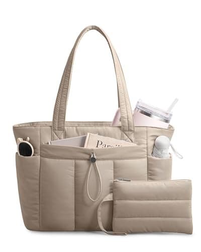 TOPDesign Puffy Tote Bag for Women with Cup Holder & Laptop Compartment & Cosmetic Bag & Trolley Sleeve for Work, Travel (L Camel)
